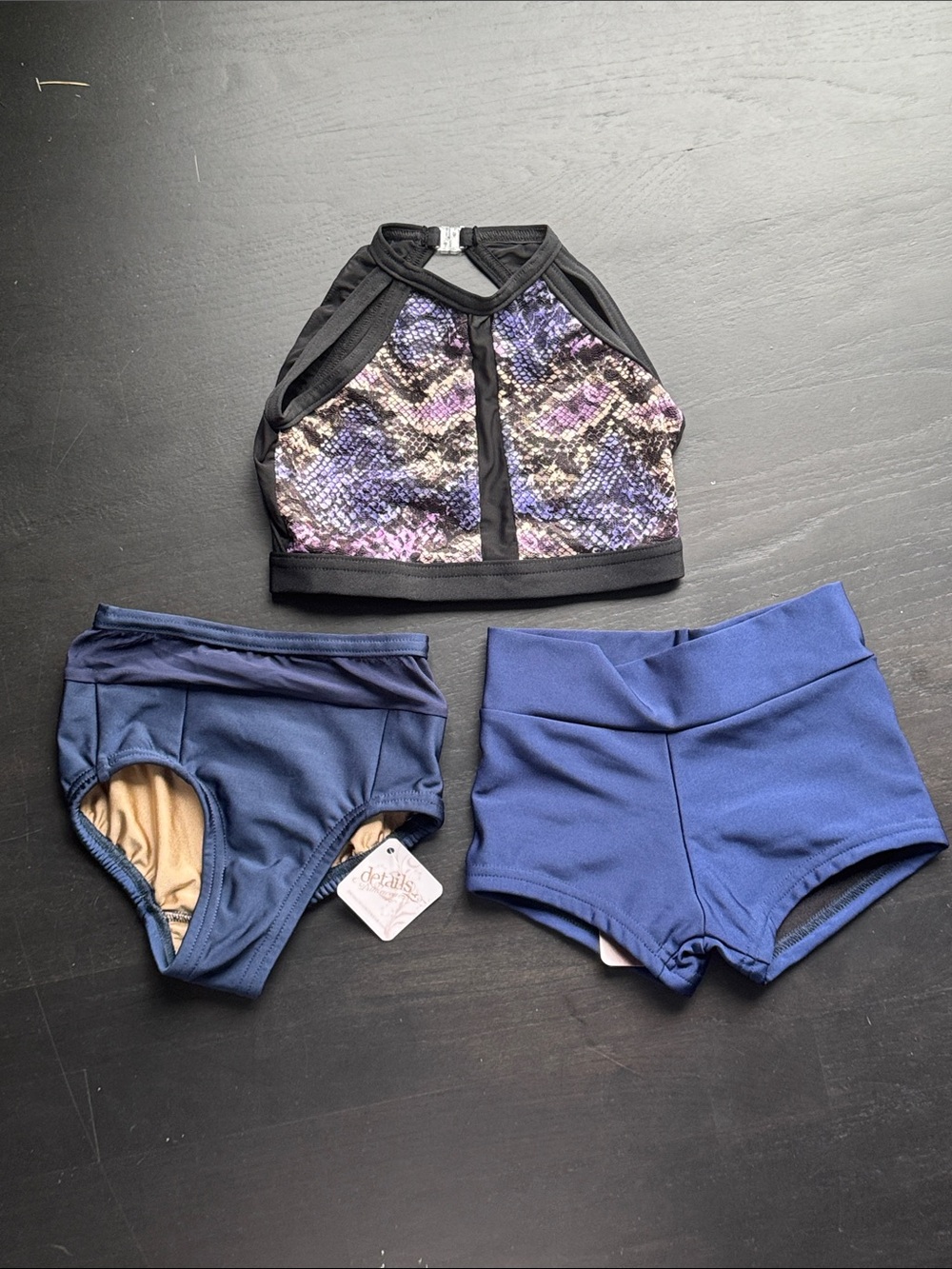 Kids Dance Set - Blue & Purple Snakeskin Crop Top with Navy Shorts